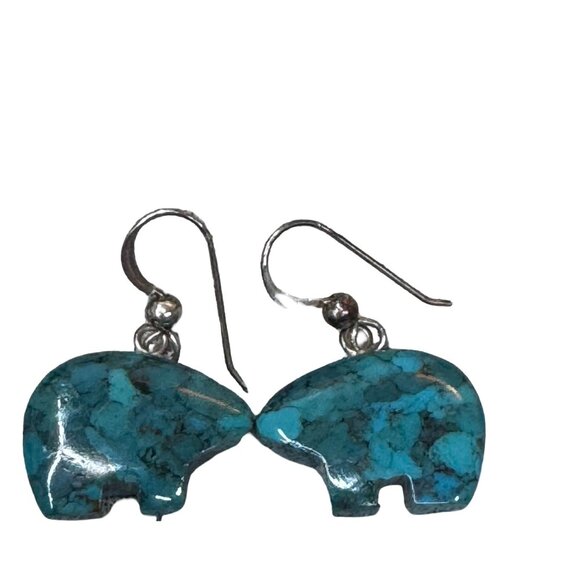Vintage Jewelry - Vintage Carved Bear Fetish Sterling Silver 925 Turquoise Bear Earrings Dangle